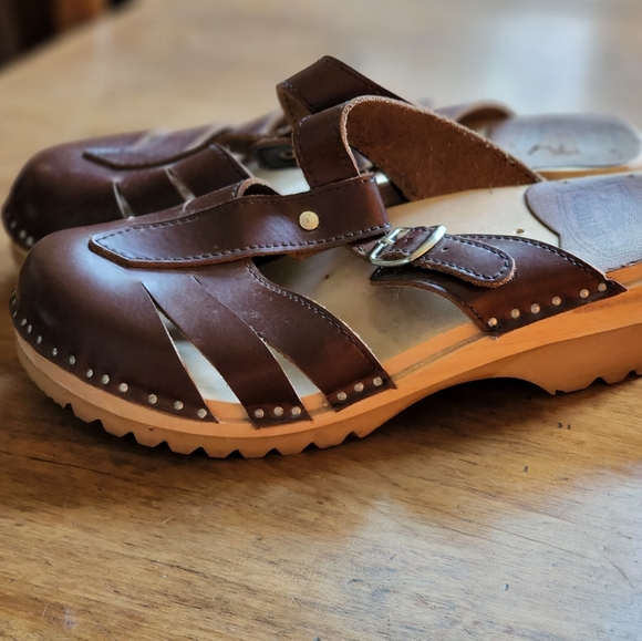 Troentorp Mary Jane Brown Pull Up wooden sole clogs sandals slides 39 EUC - Picture 8 of 17